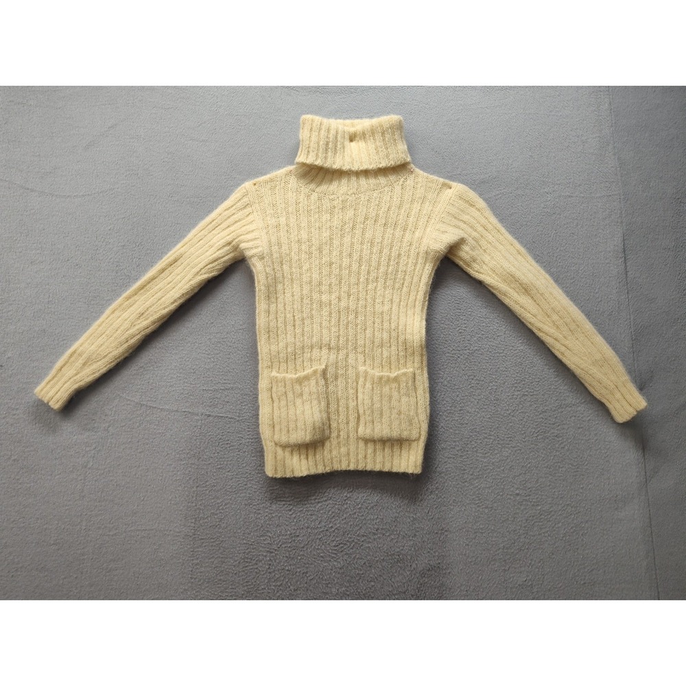 Vintage IQ Mohair Wool Blend Turtleneck Sweater Cream Ribbed Knit Pockets Small